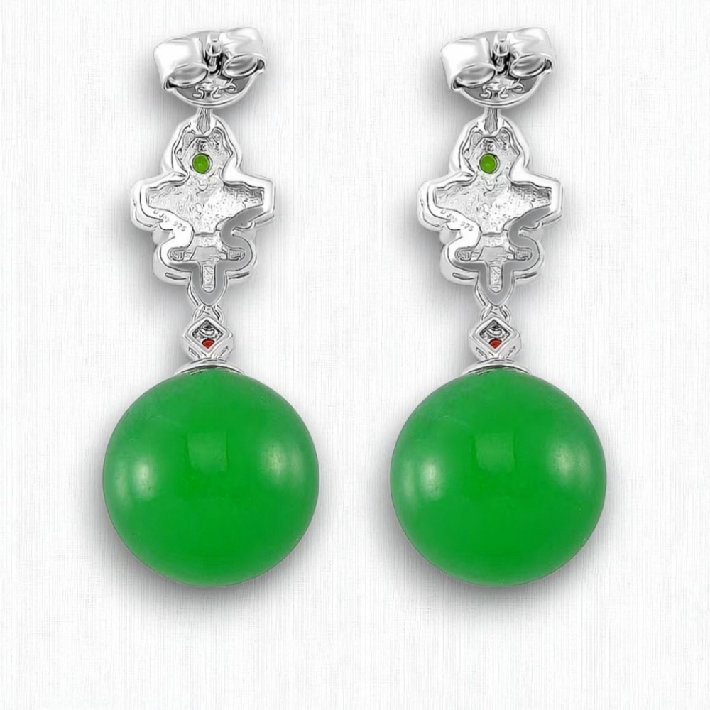 Green Jade Gemstone Fleur De Lis Earrings Sterling - Picture 3 of 5